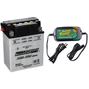 Power-Sonic CB12C-A Conventional Powersport Battery and Battery Tender 022-0185G-dl-wh Black 12 Volt 1.25 Amp Plus Battery Charger/Maintainer Bundle