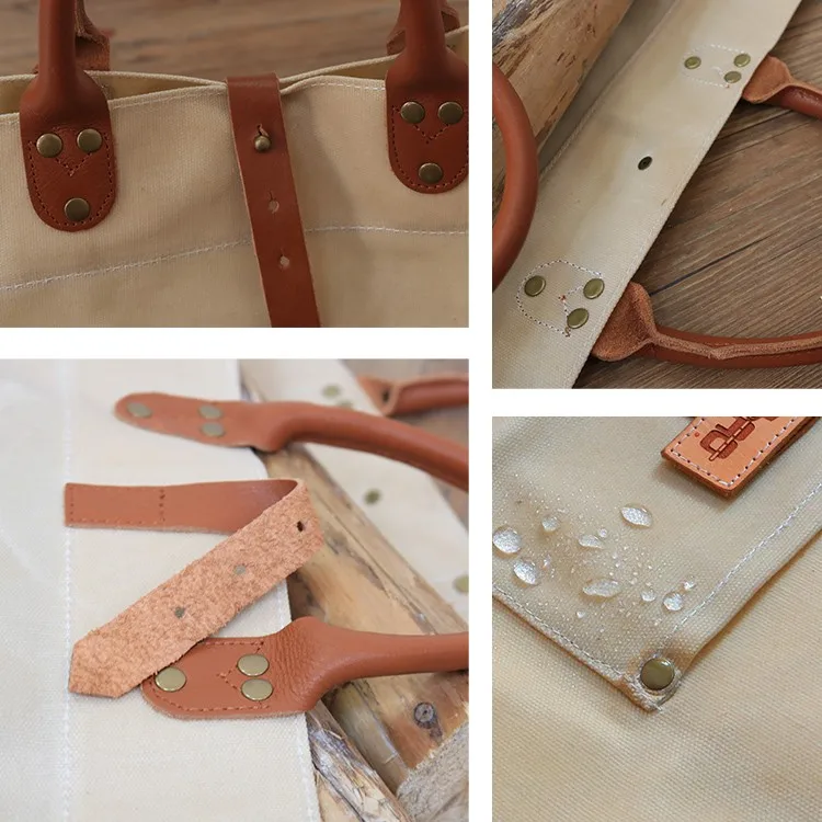 Changrong Custom Leather Handle Extra Large Wax Canvas Water Resistance Firewood Log Carrier Bag