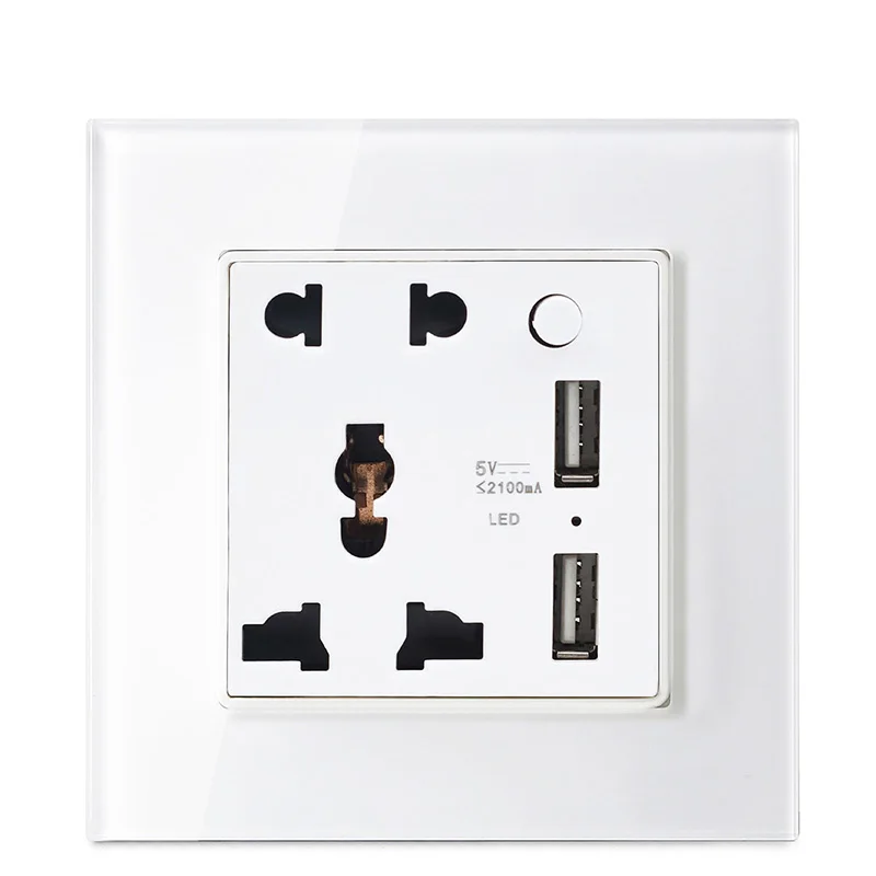 Universal 5 Pin Outlet Plug Glass Panel Electric Multi Socket Wall