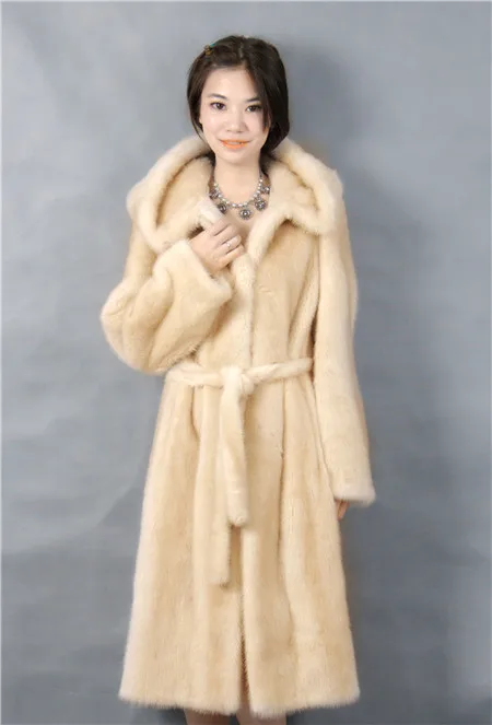 genuine mink fur coat yellow color with hood and pelt 105cm length 2016 winter woman fashion