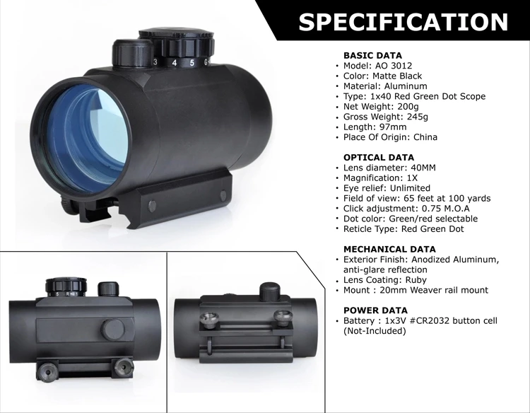 Aim-O Red Green dot 1x40 Riflescope Tactical Holographic Hunt red dot sight with 11mm 20mm weaver rail mount