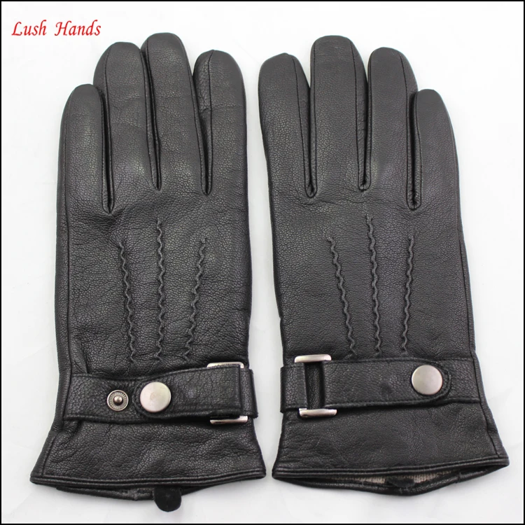 Men's sheepskin winter leather gloves with belt buckle