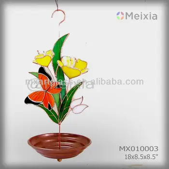Mx010003 Metal Bird Feeder With Butterfly Stained Glass Craft
