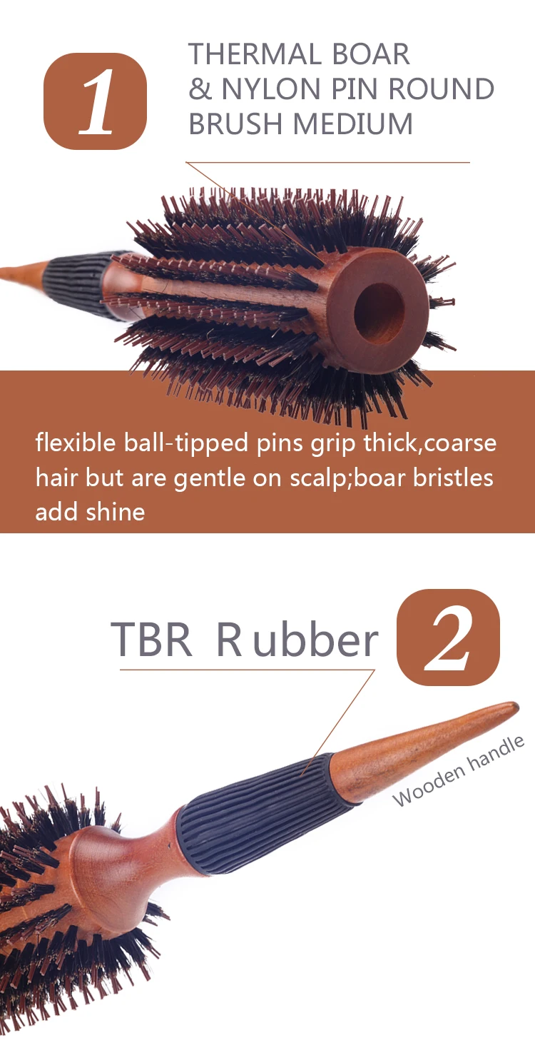 EUREKA 28033 Professional Boar Bristle Nylon Pins Round Brush Wooden Hair Brush