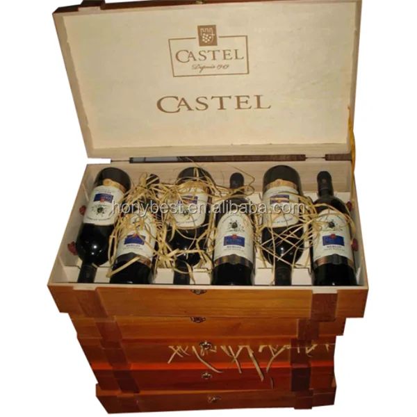 Rope Handle Classic Wooden Wine Box,Whiskey 6 Tin Bottle Holder Box HY16046
