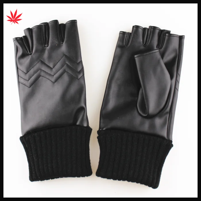 2016 Fashion knitted ending fingerless PU gloves for autumn