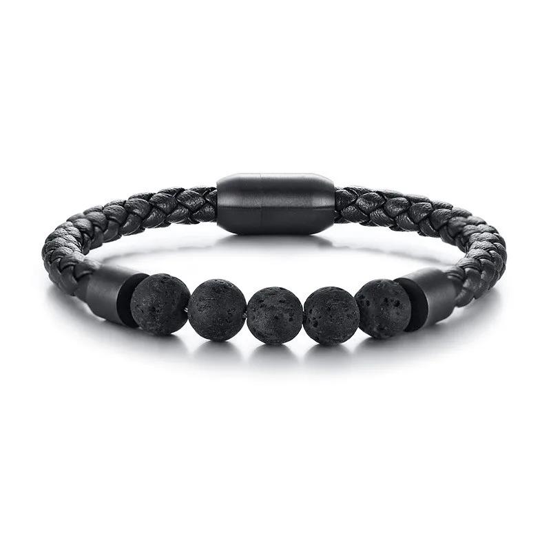 New Design Black Stainless Steel Elegant Lava Bead Fashion Custom Leather Bracelet Men