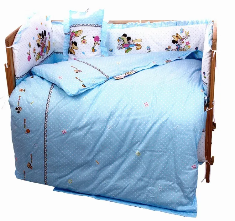 Promotion 7pcs Mickey Mouse Baby Baby Boy Bedding Set Embroidery Quilt Nursery Cot Crib Bedding bumper