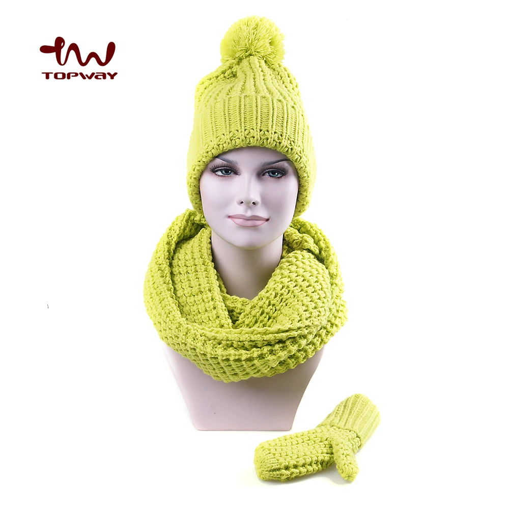 Wholesale Fashionable 3 Pieces Wool Winter Knitted Crochet Cuff Hat Scarf and Gloves Set For Women