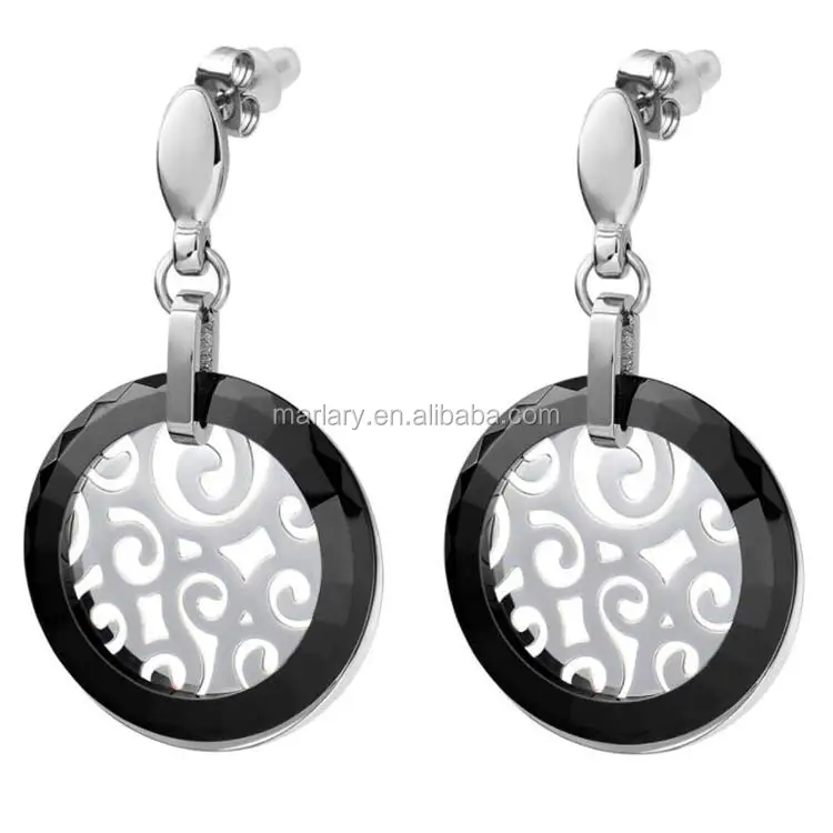 New Design Engraved Stainless Steel Black Ceramic Stud Earrings For Women