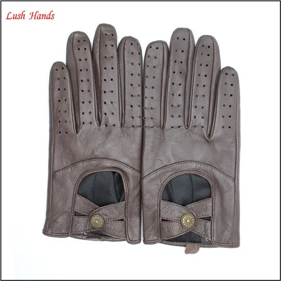 wholesale women 's sheepskin leather Dark brown driving gloves with button