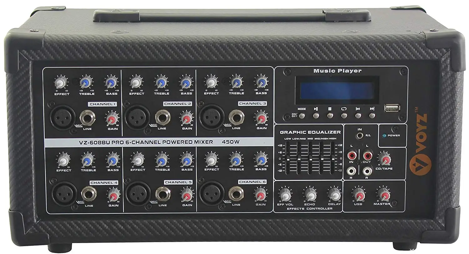 VOYZ 6 Channels Powered Mixer 1000 Watts, USB, SD, Radio Tuner, MP3 Audio Player, Equalizer Remote Control
