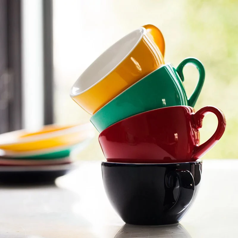 Beautiful colored french style small espresso cappuccino ceramic coffee cup with saucer
