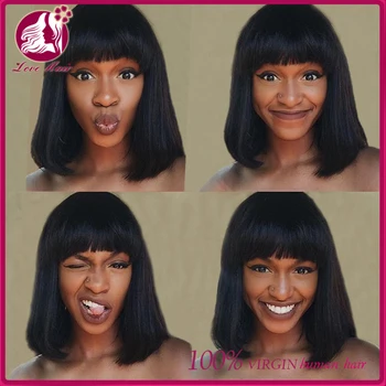 Short Black Bob Wigs With Bangs Virgin Human Hair Short Cut Wigs