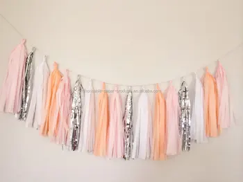 New Peach Blush White And Silver Tassel Garland Banner Spring