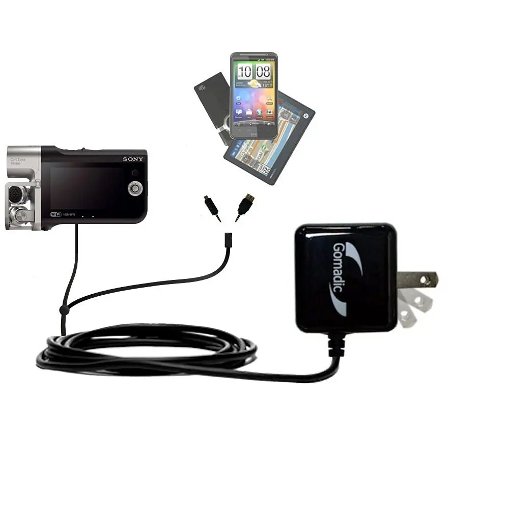 Dual Wall / Travel AC Charger compatible with Sony Music Video Recorder HDR-MV1 - One Charger for up to two devices with upgradeable Gomadic Brand TipExchange