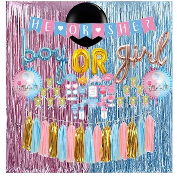 Gender Reveal Party Supplies He Or She Banner Cake Topper Boy OR Girl Foil Balloon Photo Prop Baby Shower Decorations, View Gender Reveal Party