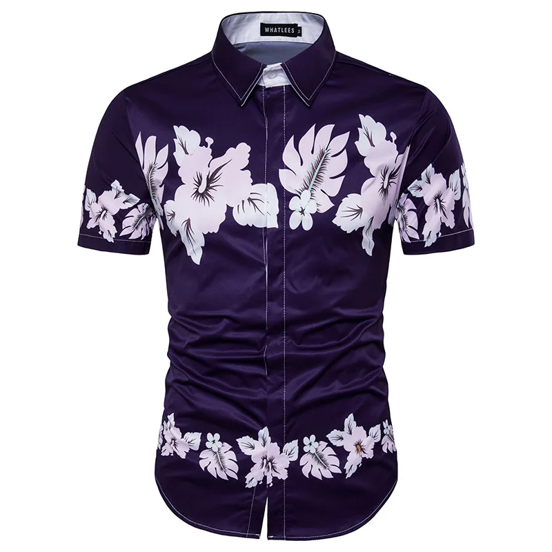 Mens Hibiscus Floral Print Beach Party Hawaiian Cotton Shirts In Purple ...