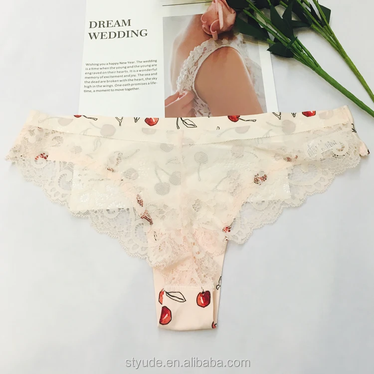 Ladies Laser Cut Bonded Underwear Sexy Panties Thongs Floral Lace Panties Thongs With Cherry 8799