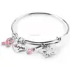 Stainless Steel Personalized Engraved Heart Bracelet Pink Ribbon Breast Cancer Awareness Charm Bangle Bracelet