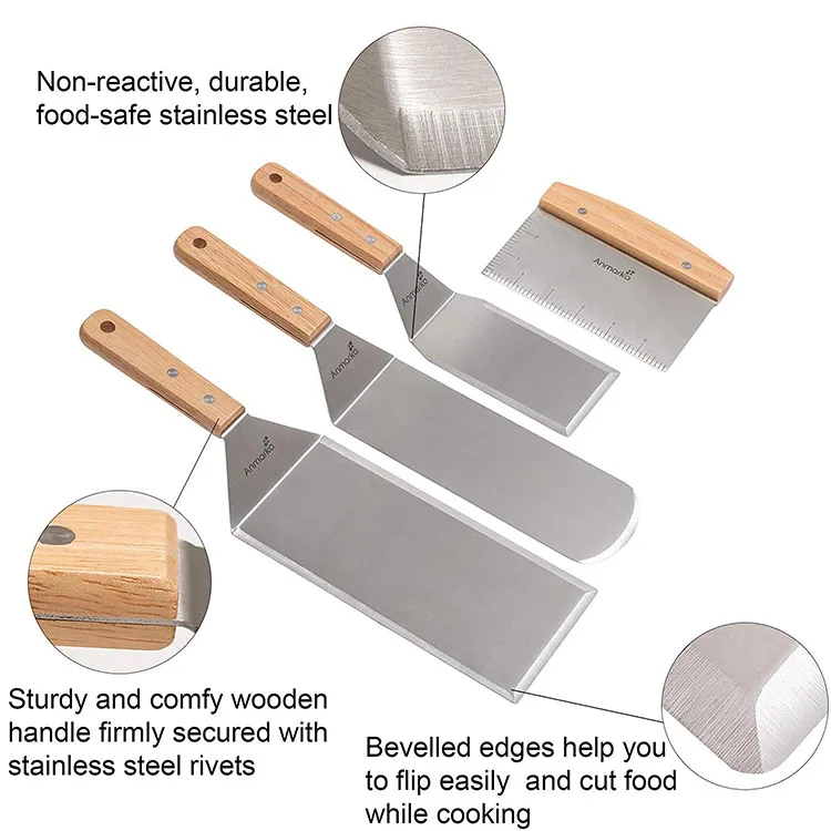Stainless Steel Metal Spatula Set With Wood Handle Stainless Steel ...
