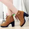 cz18081a Hot sale ladies chunky high heel boots pu faux fur warm lining black women cross straps round toe boots