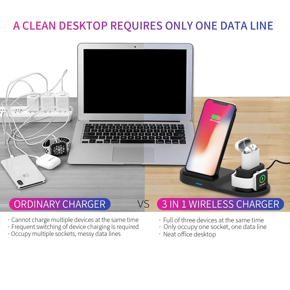 For Iphone Apple 10w Portable Phone Stand Fast Qi 3 In 1 Wireless