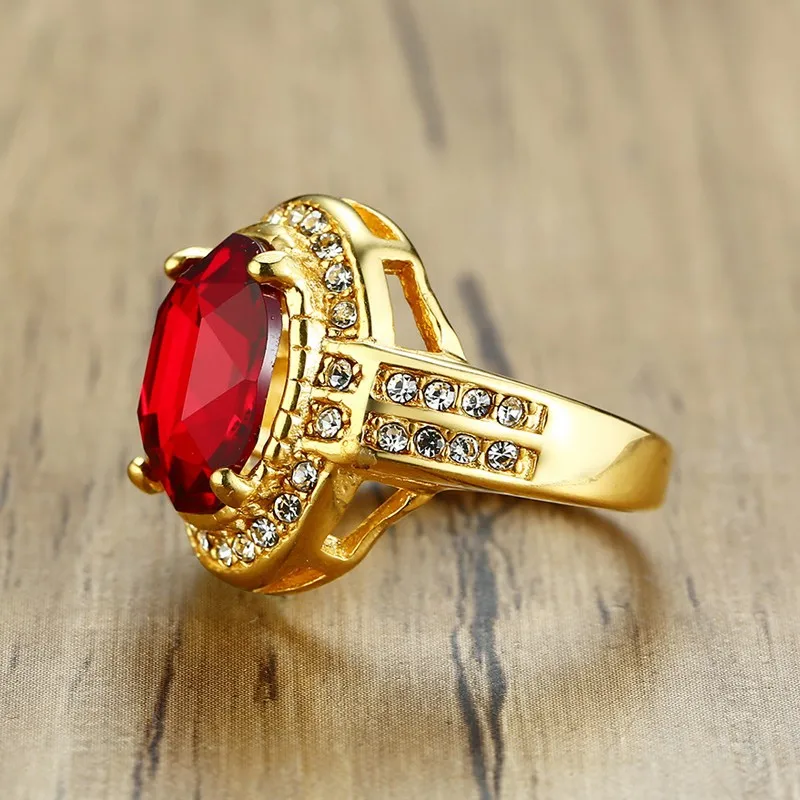 2019 New Women Jewelry Big Red Rhinestone Ring Cincin Gold Stainless ...