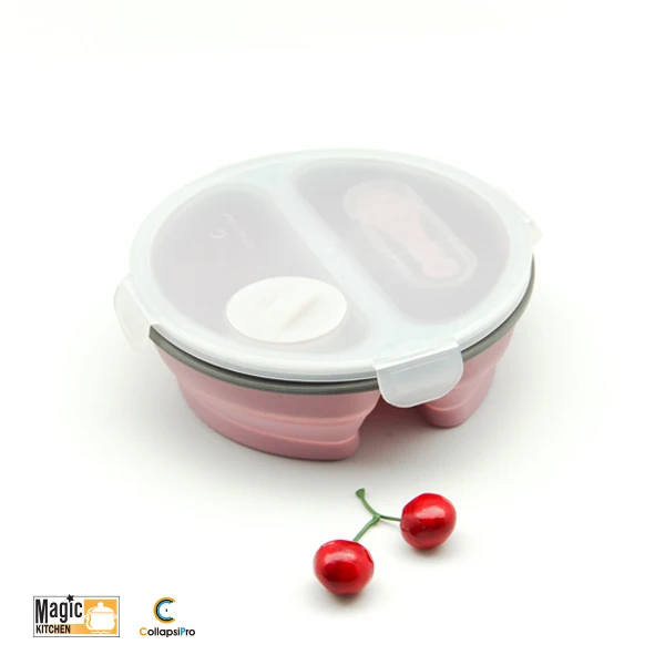 2-Compartment Round Silicone Lunch Box Food Storage Container With Fork Spoon