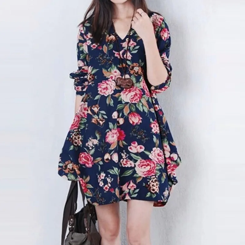 Women A line Vintage Floral Long Sleeve V Neck Casual Dress Pregnant Maternity Linen Dresses