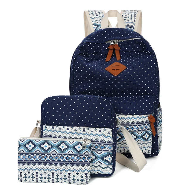 Wobag Latest Design High Quality Children Girls Print Canvas Backpack School Bag Set With