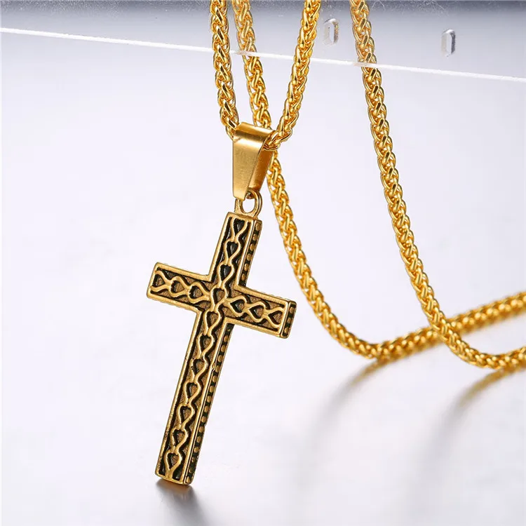U7 316L stainless steel gold plated christianity jewelry unique black mens vintage cross necklace with chain