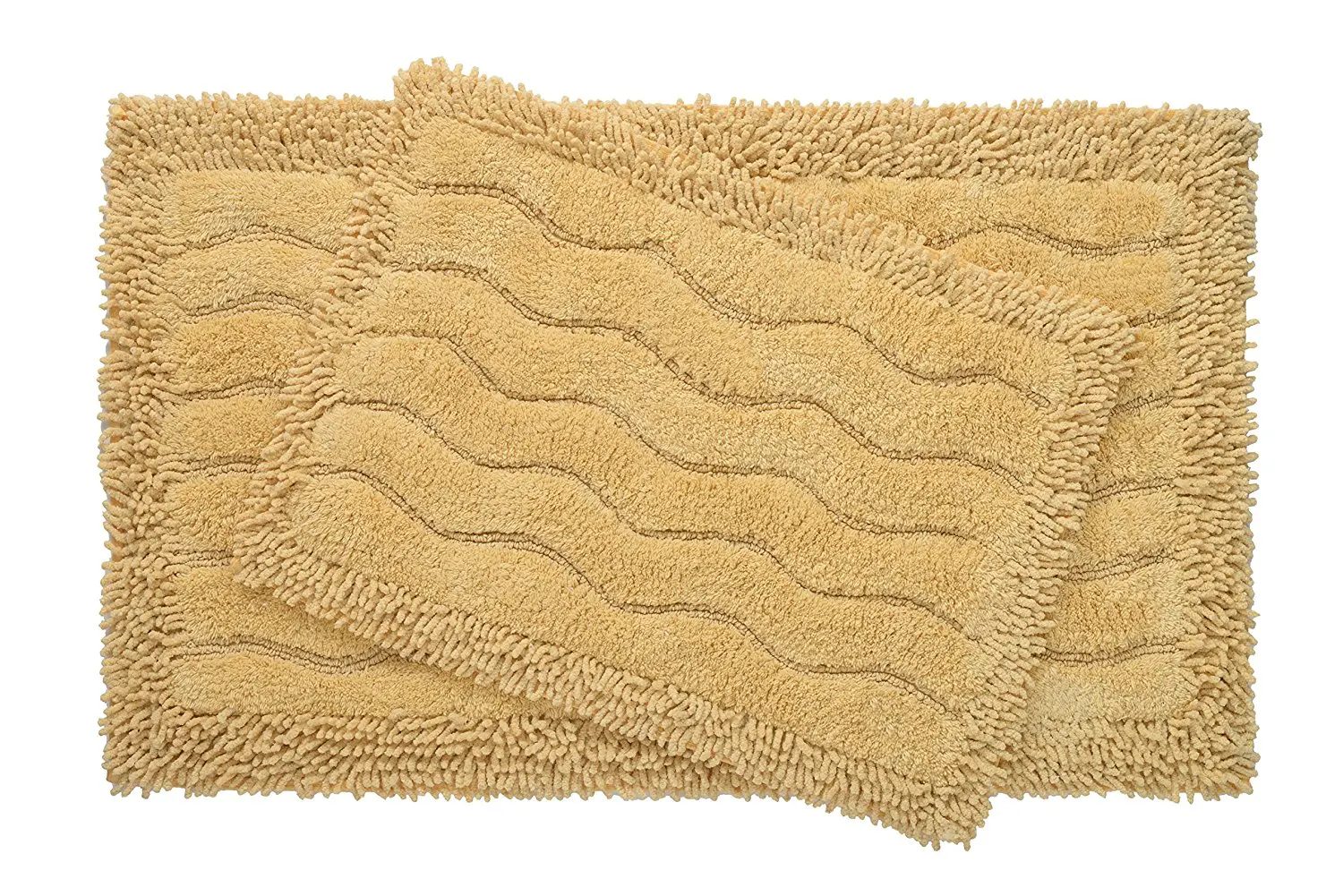 Bed Bath Fashions Swirl Shaggy 2 Piece 100% Cotton Bath Rug Set with Non-Skid Spray Latex Backing - Super Soft Luxurious Plush Shower Mats - 6 Colors (Gold)