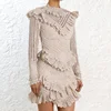 European Design Elegant Sexy Fitted Embroidered Long Sleeve Short White Lace Lady Wear Tight Dress