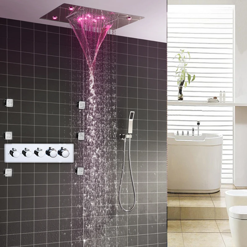 Bathroom Fixture Conceal Rain Shower Ceiling Mounted Waterfall Rainfall Shower Head High Flow Thermostatic Big Led Shower Set Buy Bathroom