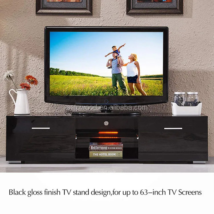 Modern TV Unit  Cabinet Stand Black Matt and Black High Gloss Doors LED FREE