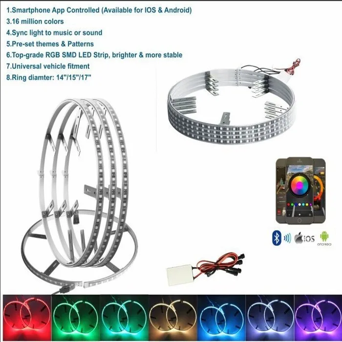 4pc Million Color Rgb Led Wheel Ring Light Kit With Three Size 14" 15.5