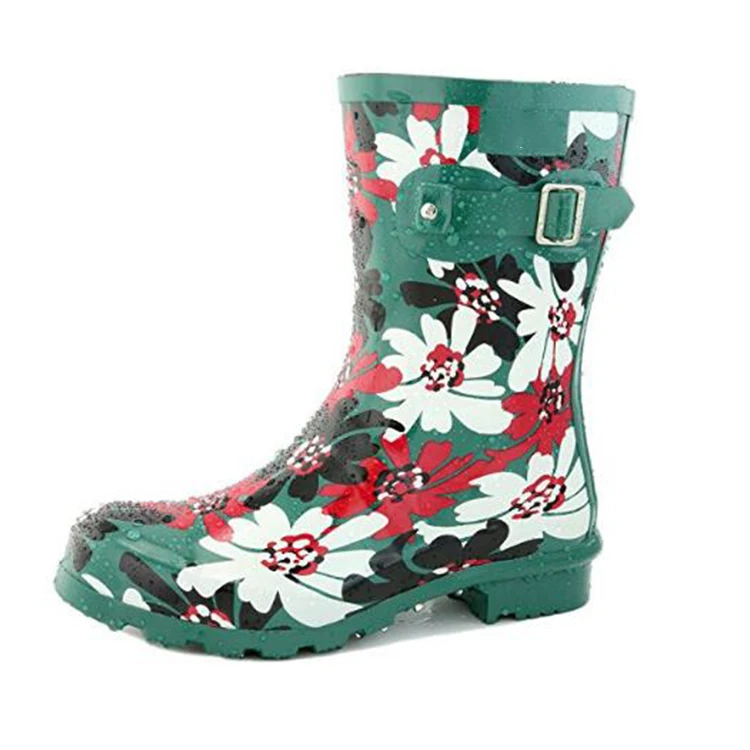 Womens Printed Slip On Winter Rain Boots Fully Fleece Lined Ankle Rain Booties Outdoor Rain