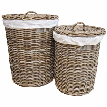 Indoor New Design Decorative White Wooden Round Wicker Laundry