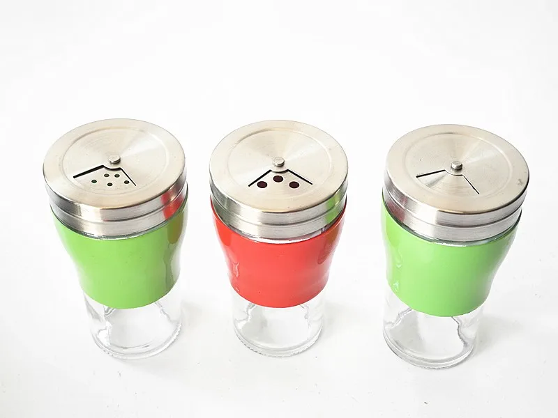 Colorful Glass Condiment Bottle With Rotating Hole Lid Metal Cover