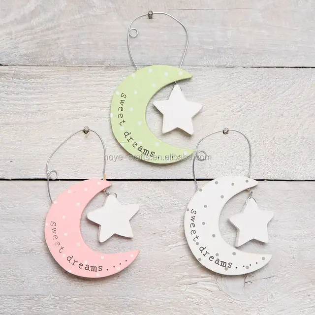 Cute Wooden Little Moon And Star Hanging Decoration For Christmas