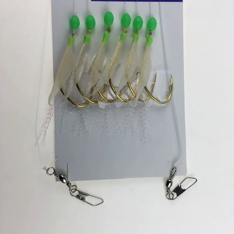 Fishing Sabiki Rigs Mackerel Real Fish Skin Saltwater Fishing 6 Hooks Flasher Rig With Luminous