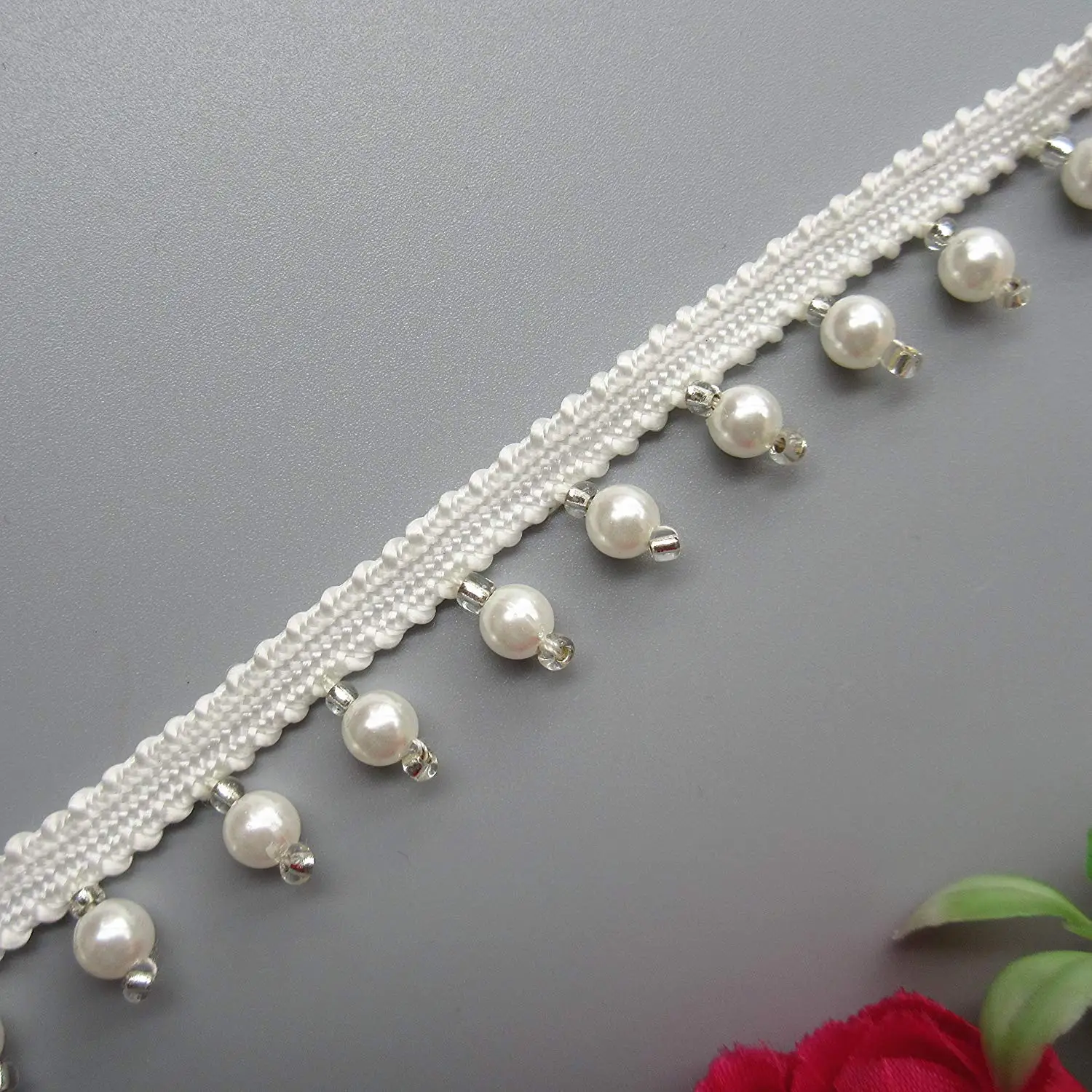 1 Yard Pearl Beaded Flower Lace Edge Trim Ribbon 3.7 cm Width Vintage Style White Trimmings Edging Fabric Embroidered Applique Sewing Craft Wedding Bridal Dress Party Clothes Hat Headband Decoration