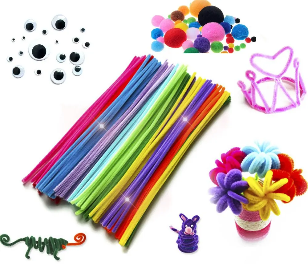 Craft Supplies Set Including 200 PCS Chenille Stems Color Scissor 650 Pcs Pipe Cleaners Set 250 Pcs Pom poms and 200 PCS Self-sticking Wiggle Eyes for DIY School Art Supplies Creative Crafts Decorat