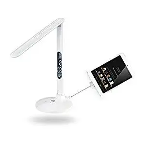 LED Desk Lamp, ALED LIGHT White 9W Dimmable Eye Protection 5V 2A USB Charging Port , Geega LED Calendar Alarm Clock Thermometer Modern Control Foldable Touch LED Lamp Raeding Light
