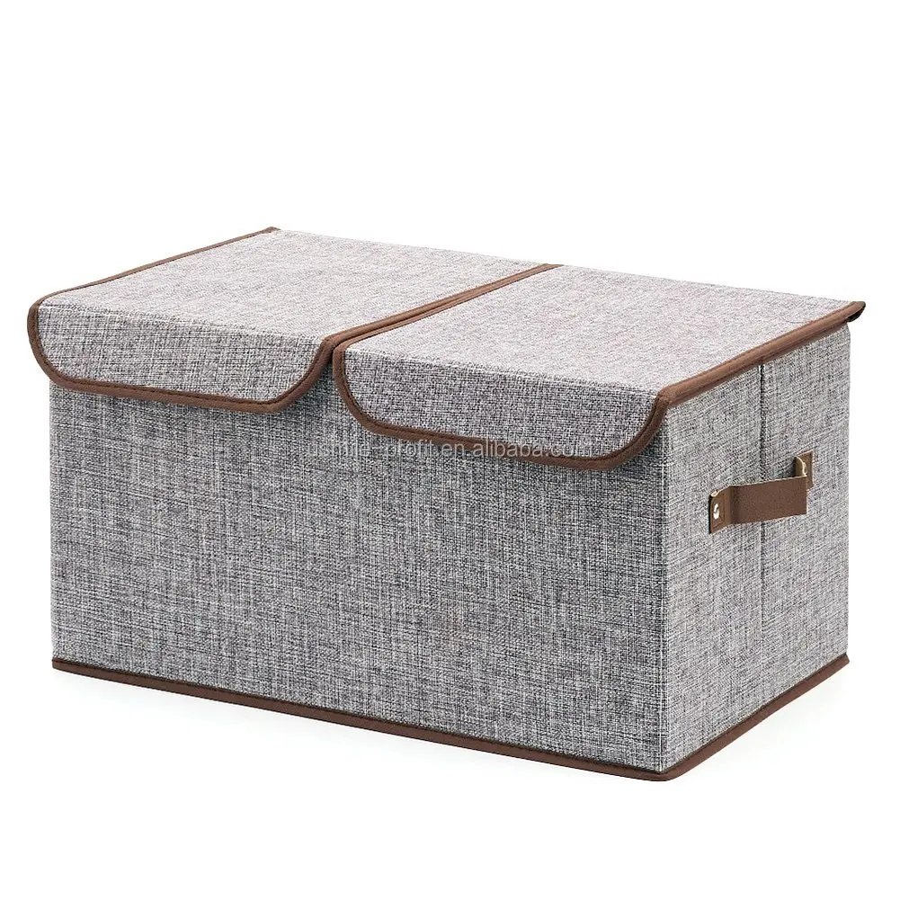 Large Linen Fabric Foldable Storage Cubes Bin Box With Lid