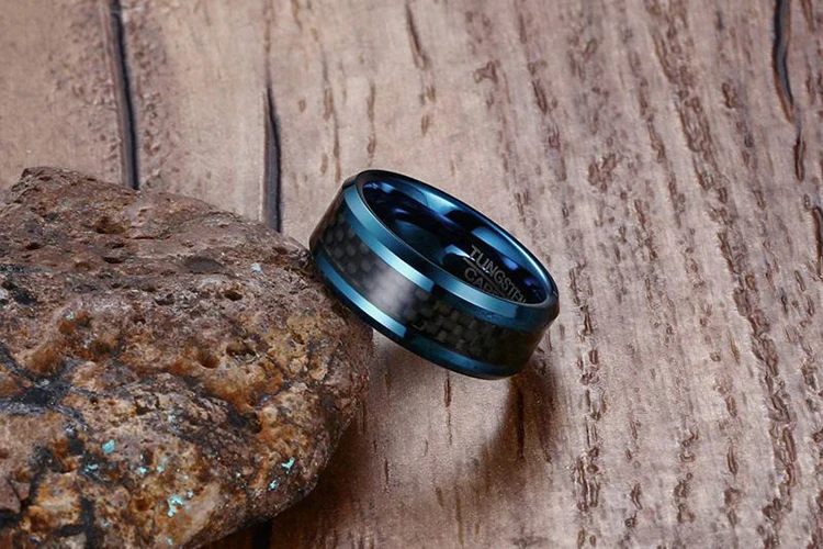 In Stock Cheap 8mm Tungsten Carbide Ring Mens Blue Carbon Fiber