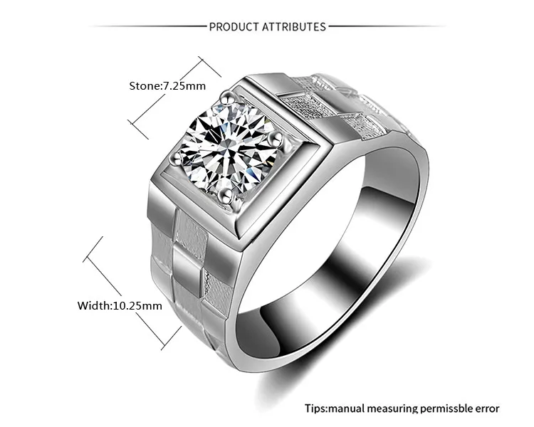 Luxury 1.5ct Diamond Ring Men Silver Wedding Ring Male Full 