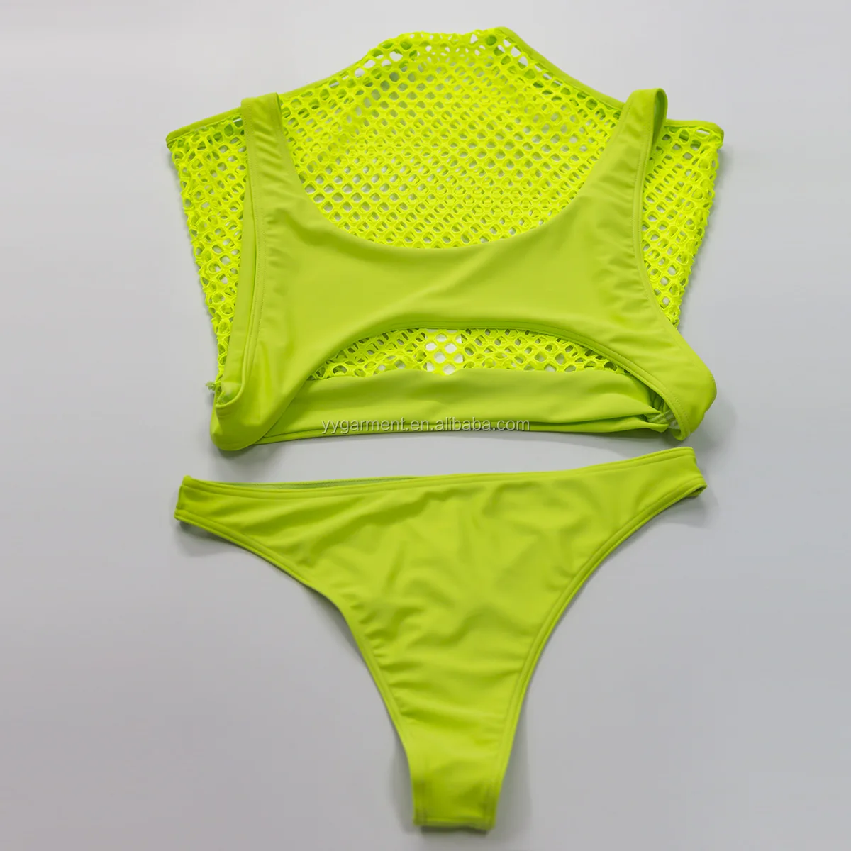Women Neon Swimwear Three Piece Swimsuits High Waisted Mesh Bikini