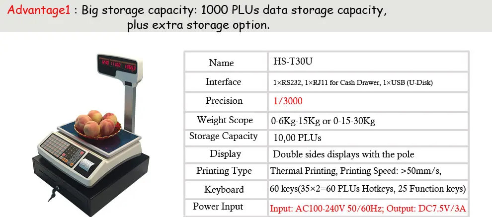 30kg Receipt Printing Scale 1/3000 Accurate Weighing Scale With Cash